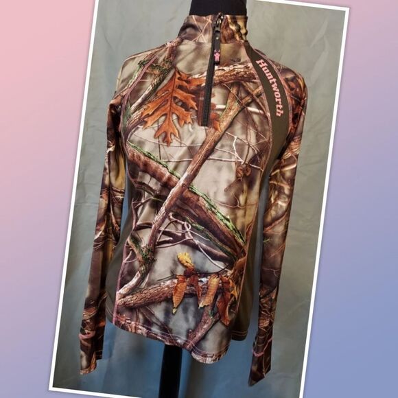 Huntworth Pullover Women’s Size S 1/4 Zip Camo Pink Hunting Layering Thumb Holes - Picture 1 of 5